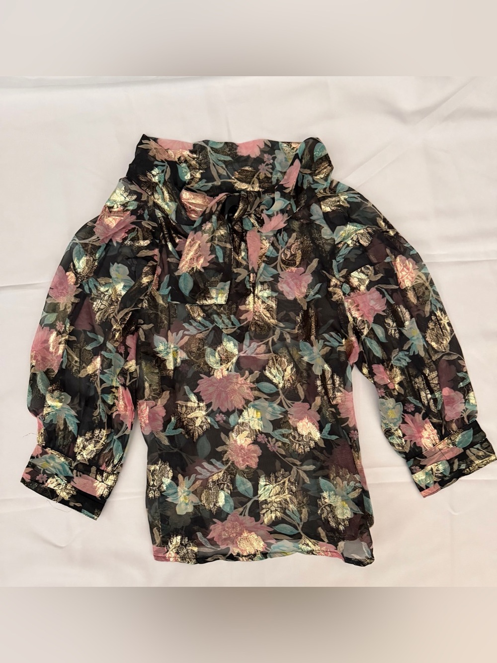 Charming Floral Tie-Neck Blouse - Black with Pink & Green